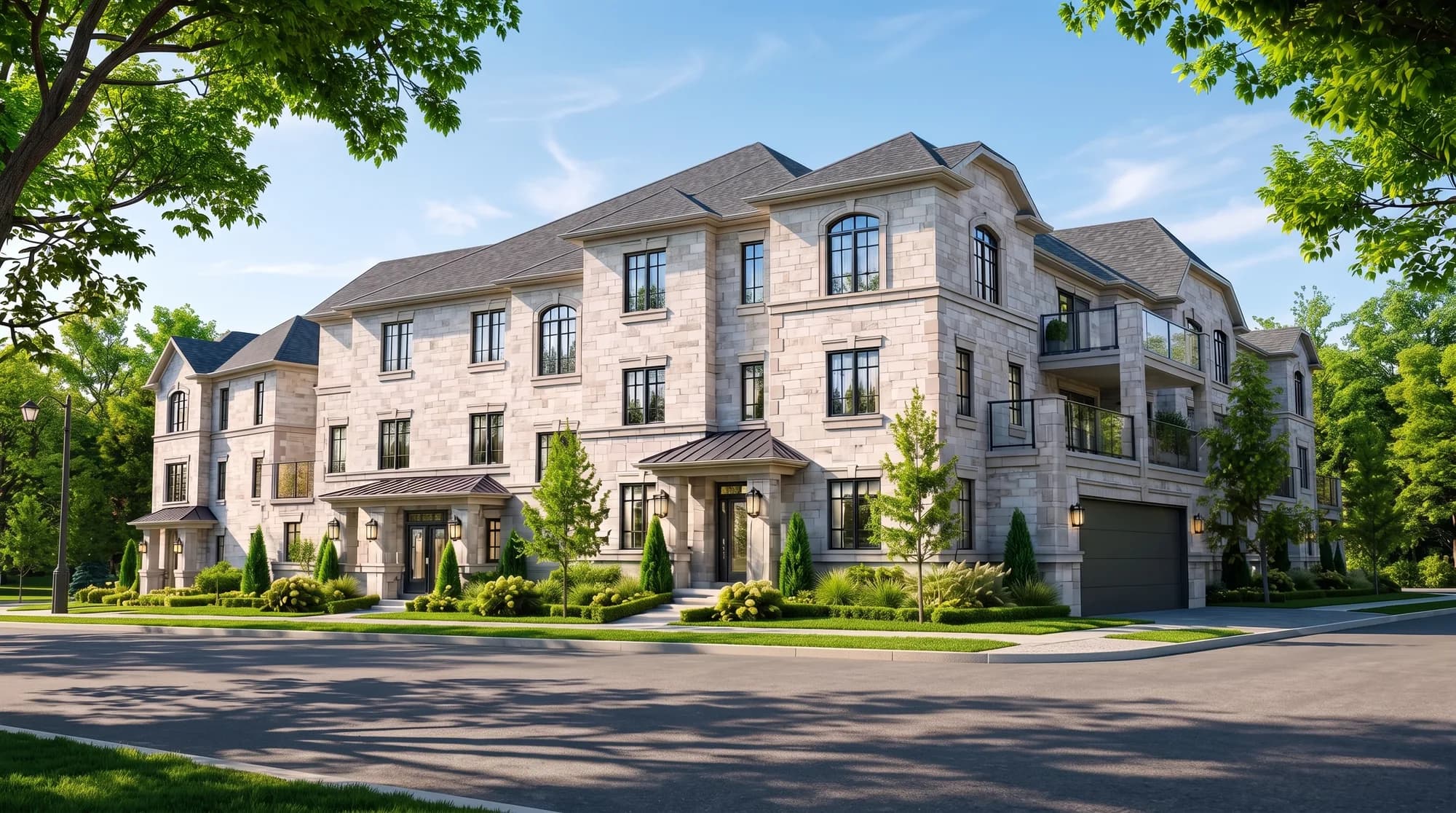 Stone façade beneath the trees — illustrative Unity Towns imagery